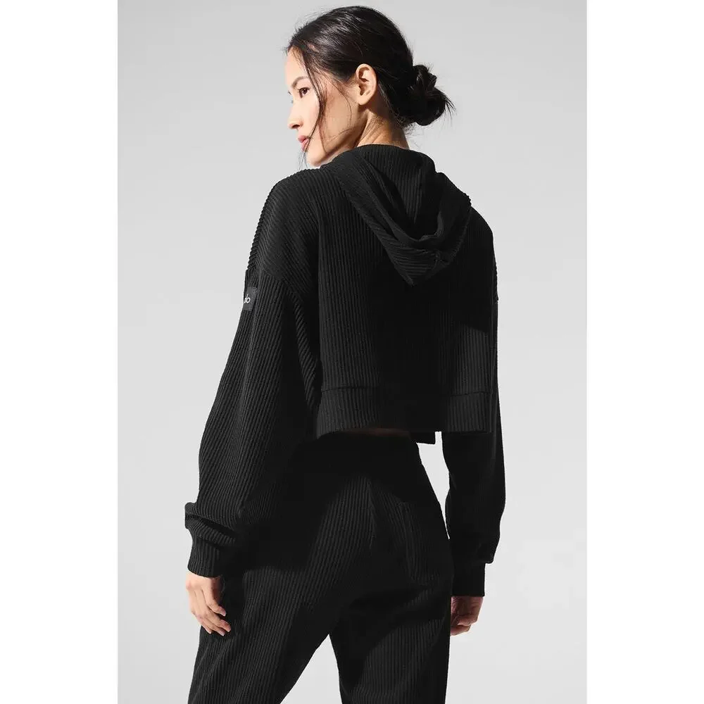 Alo Yoga Muse Hoodie Black Cropped Ribbed Lounge Sweatshirt XS Soft Plush Studio